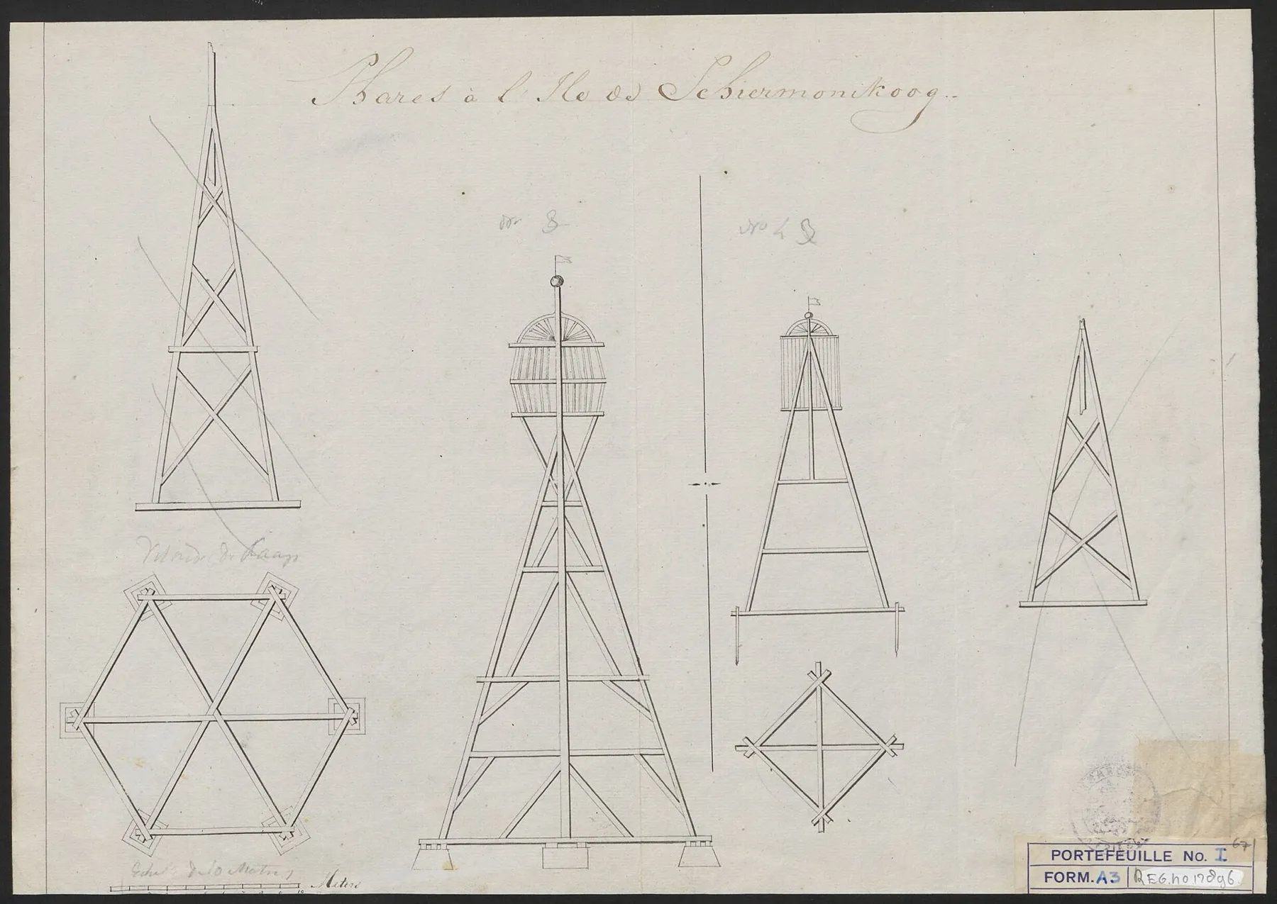 Pentekening van twee houten bakens op Schiermonnikoog, met aanzicht, doorsnede en plattegrond
